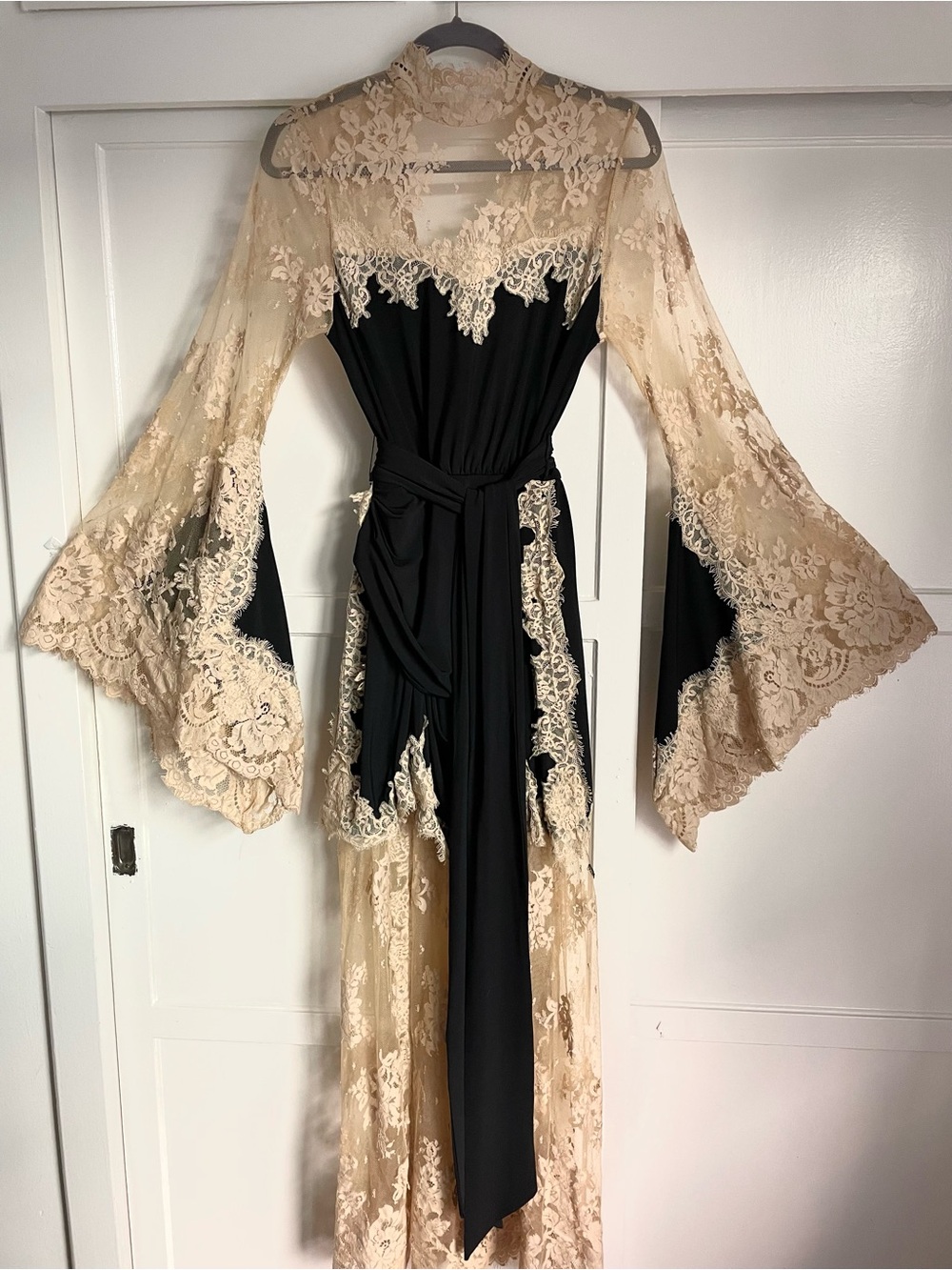 NWT Lus Delune Black & Beige Lace Dress with high neck and bell sleeve - Size M